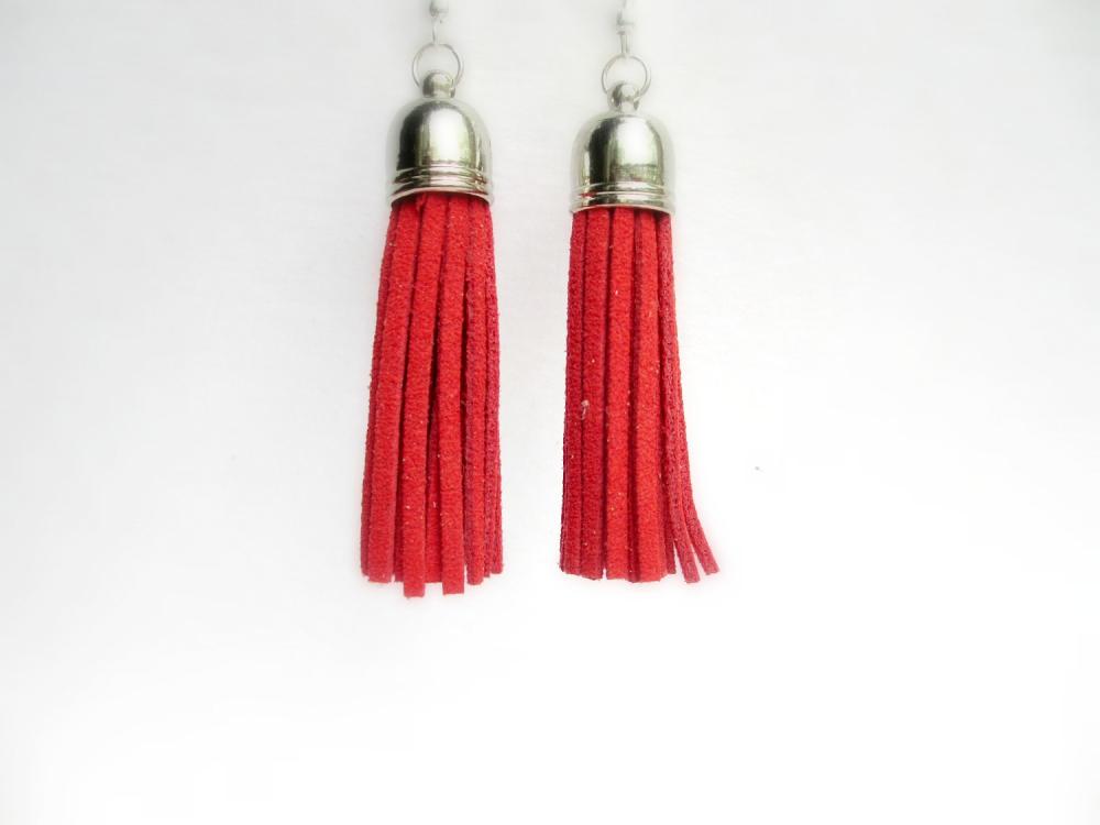 Red Tassel Earrings, Faux Suede Tassel Earrings