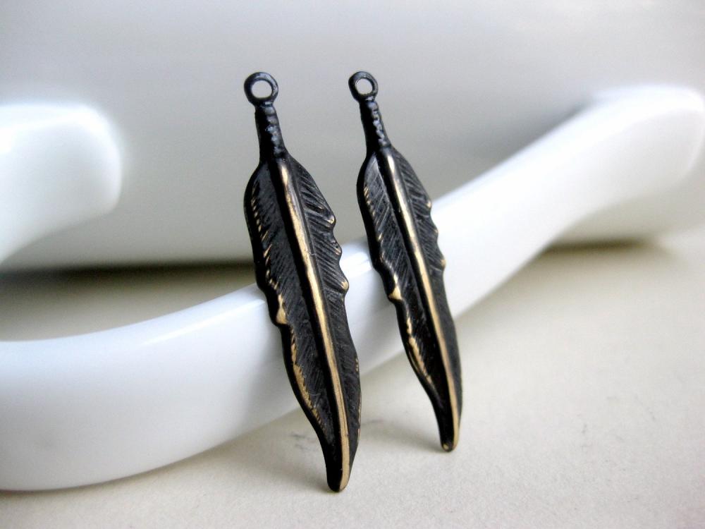 Brass Feather Charms Black Patina