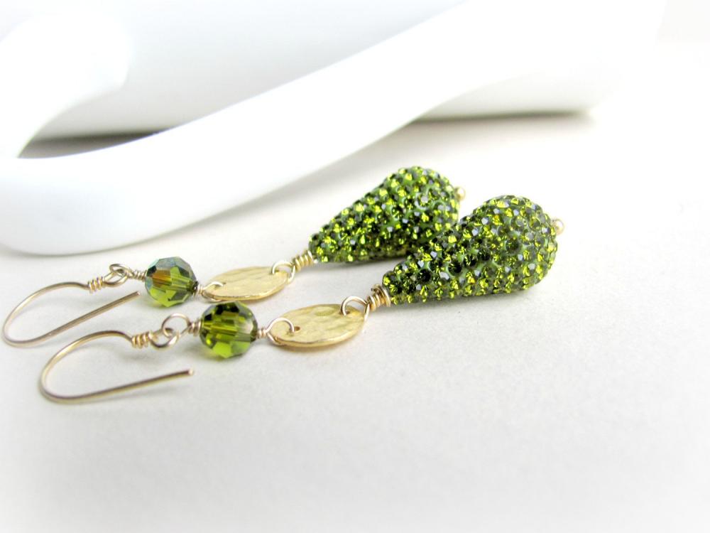 Gold And Olive Green Pave Earrings, Preciosa Crystals And Swarovski