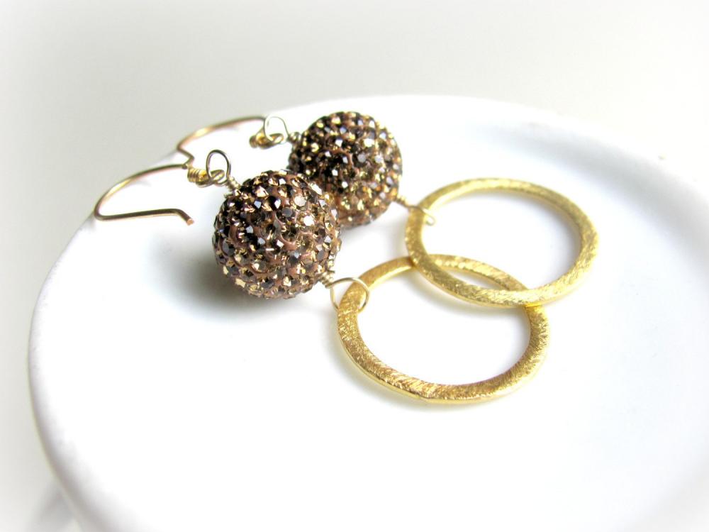 Pave Earrings, Preciosa Crystals, Mocha And 14k Vermeil Gold