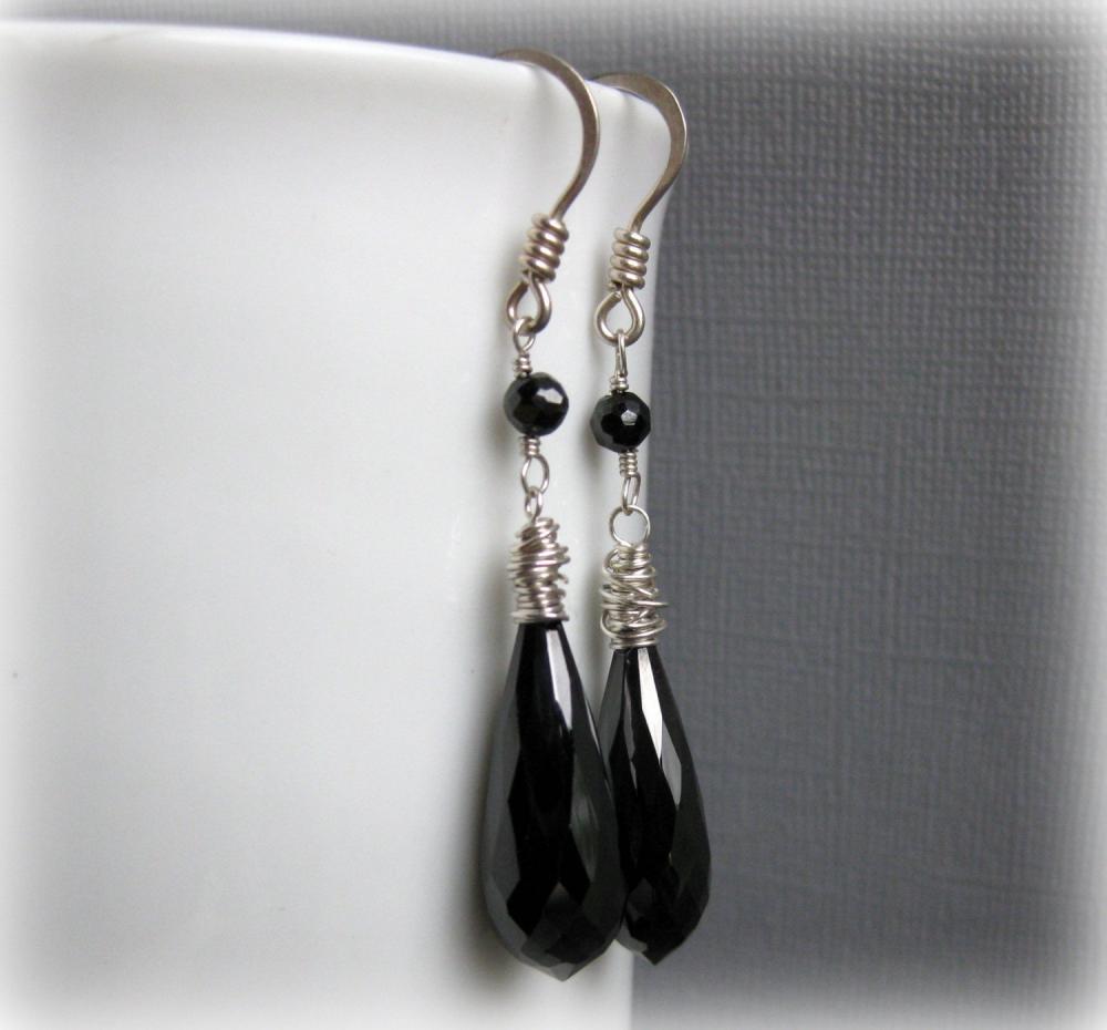 Mother's Day Earrings, Black Cubic Zirconia Wire Wrapped Earrings, Sterling Silver