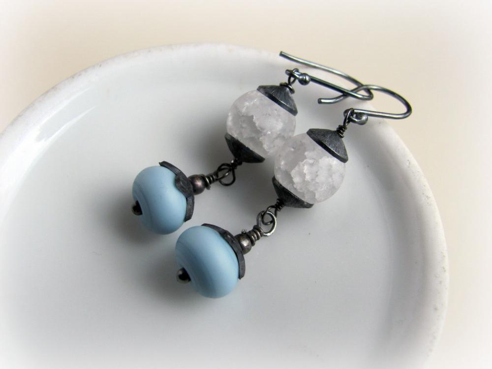 Lampwork Bead Earrings Blue And White Sterling Silver