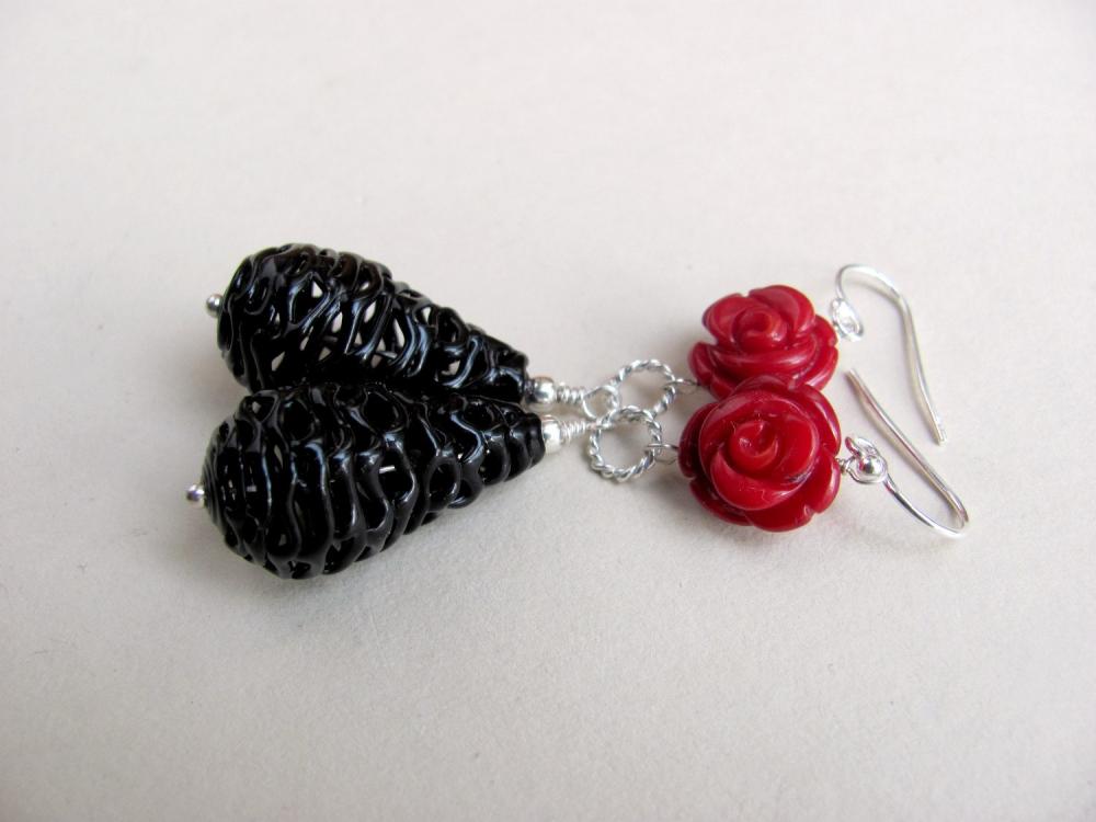 Sterling Silver Vintage Lace Black Bead And Natural Coral Earrings